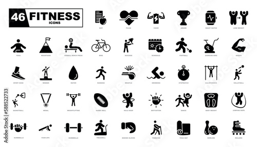 Fitness and sport 46 isolated outline icons set on white background.