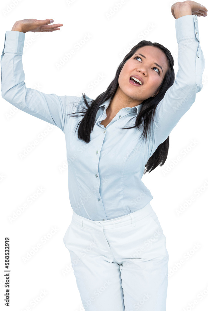 Worried businesswoman pushing something up Worried businesswoman pushing something up