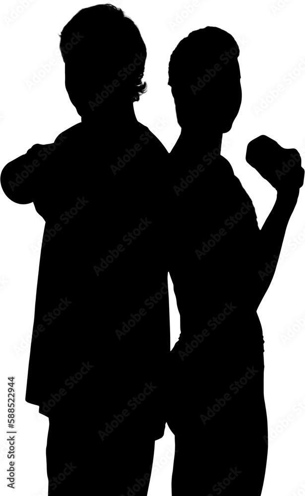 silhouette man and woman holding dumbbell while standing back to back