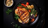 Plate of grilled chicken with vegetables on dark background, top view, generative AI