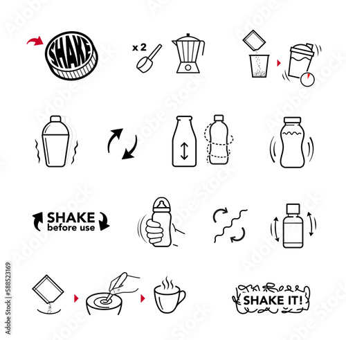 Package shake icons set. Vector illustration isolated. Set for package, shows user instruction. EPS10.	