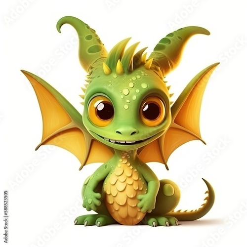 Cute Green Golden Dragon on whiite background  cartoon illustration  poster card