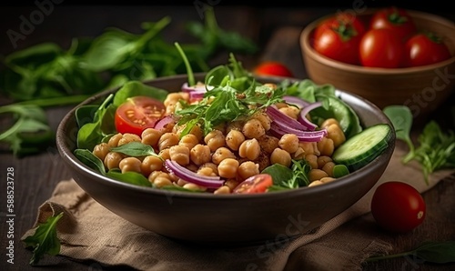 Vegetarian chickpea beans salad prepared with tomatoes, cucumber, red onion, cress salad and arugula, generative AI