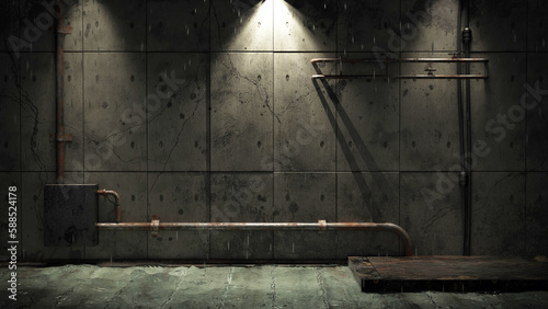 Old dirty cellar flooded from a pipe break. 3d rendering