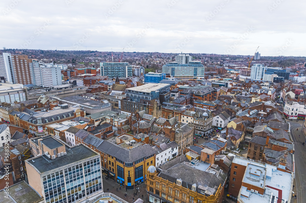 aerial drone shot of Nottingham city in the winter, England, United Kingdom. High quality photo