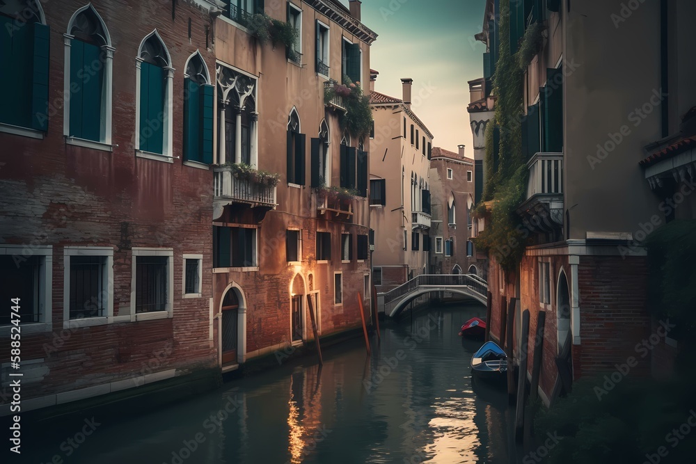 A canal between two buildings Generative AI
