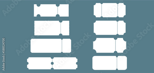 Collection of blank tickets. Cinema, theatre ticket templates isolated on the blue background.