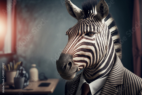 Portrait of a zebra in a business suit  at the office. Generative AI