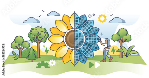 Renewable energy sources with solar electricity panels outline concept. Sustainable and environmental power type using sunlight vector illustration. Climate friendly sun panels and charge collectors.