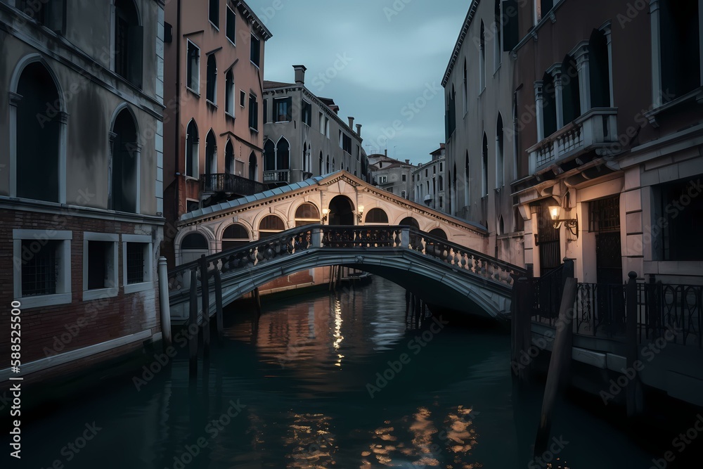 A bridge over a canal between buildings Generative AI