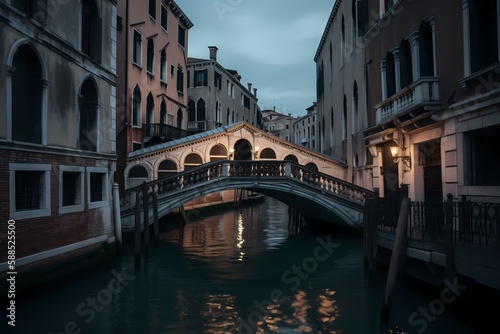 A bridge over a canal between buildings Generative AI