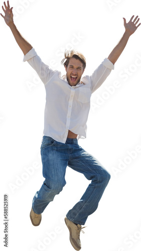 Cheerful man jumping in air