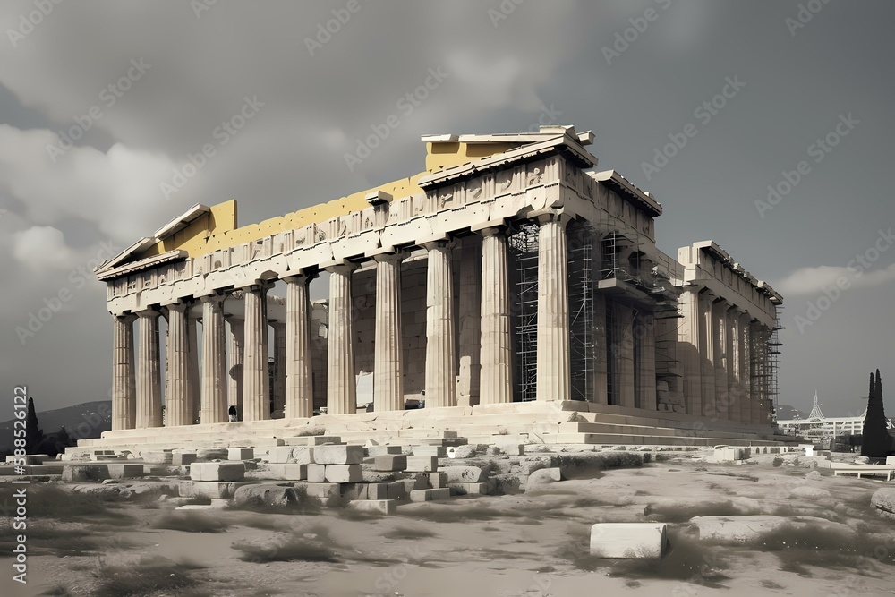 Obraz premium A large building with columns with parthenon in the background Generative AI