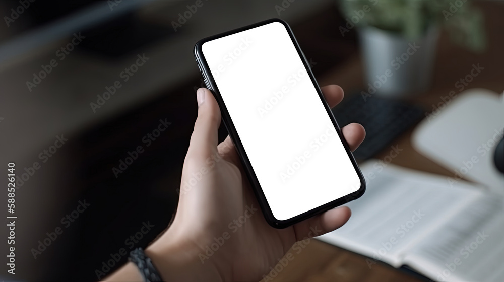 Person hand holding blank white screen mobile smart phone with blurred background for advertisement (AI Generated) Person hand holding blank white screen mobile smart phone with blurred background for advertisement (AI Generated)