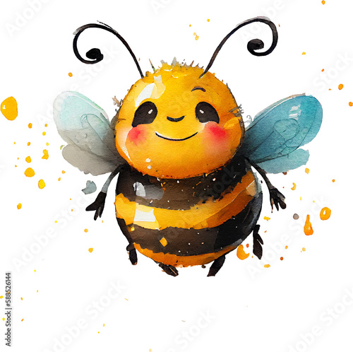 Cute Honey bee smiled, watercolor style, flying bee. insects. isolated on white background. Generative AI	