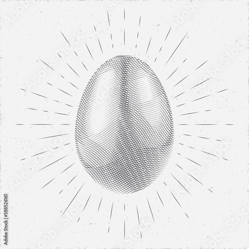 Easter Egg over Sunburst Rays Engraving Style Holiday Decoration Template - Pale Black on Light Grunge Background - Contrast Graphic Design