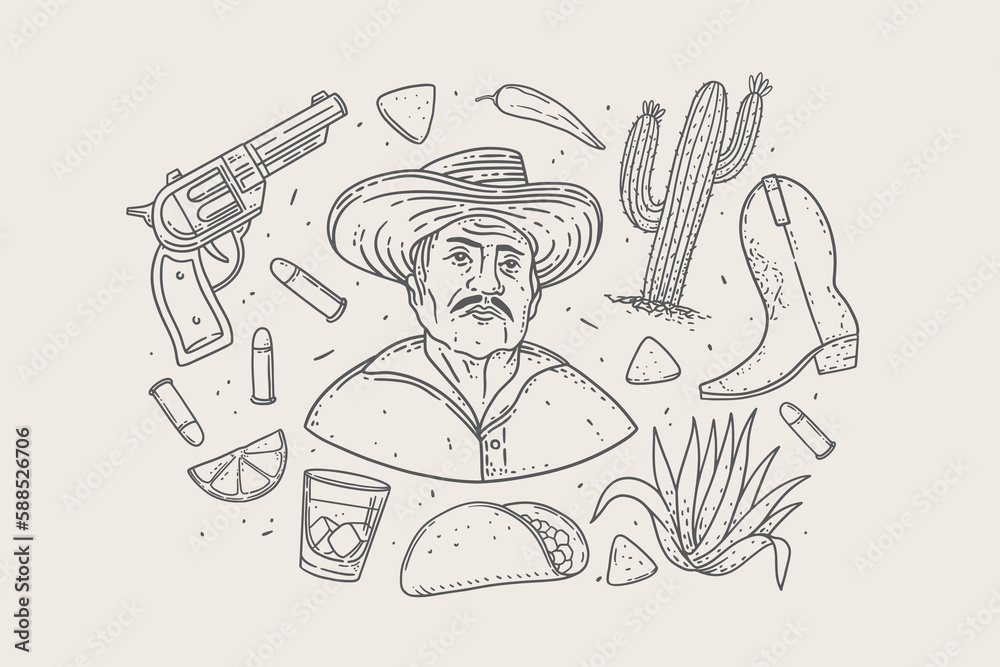Large set of traditional Mexican symbols in linear style. Hand-drawn mexican farmer, agave, boot, revolver, bullets, cactus, taco flatbread, boot, glass of tequila, lime wedge. Vector illustration.