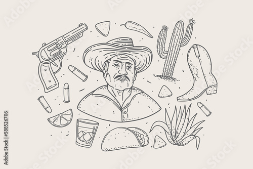 Large set of traditional Mexican symbols in linear style. Hand-drawn mexican farmer, agave, boot, revolver, bullets, cactus, taco flatbread, boot, glass of tequila, lime wedge. Vector illustration.