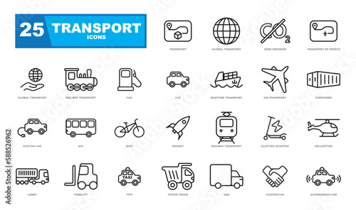 Collection of transport line icons.Thin line outline.