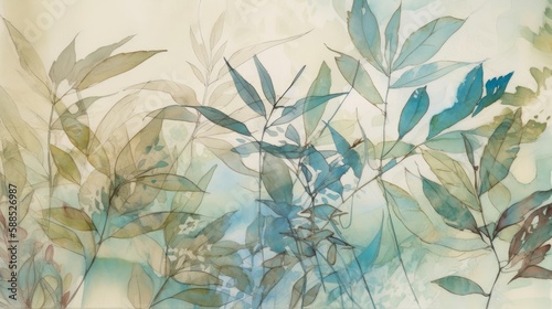 A soft background of leaves in digitally illustrated watercolor and ink style. Generative AI.