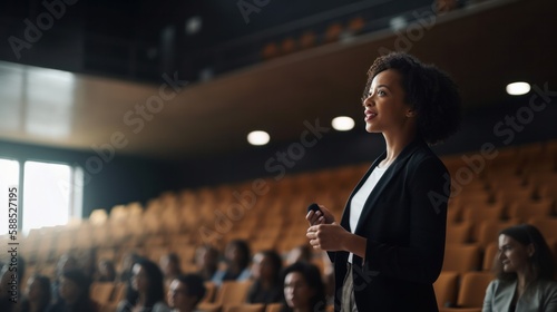 Fueling Passionate Drive: A Visionary CEO Empowering her Team with an Inspiring Speech in a Grand Auditorium