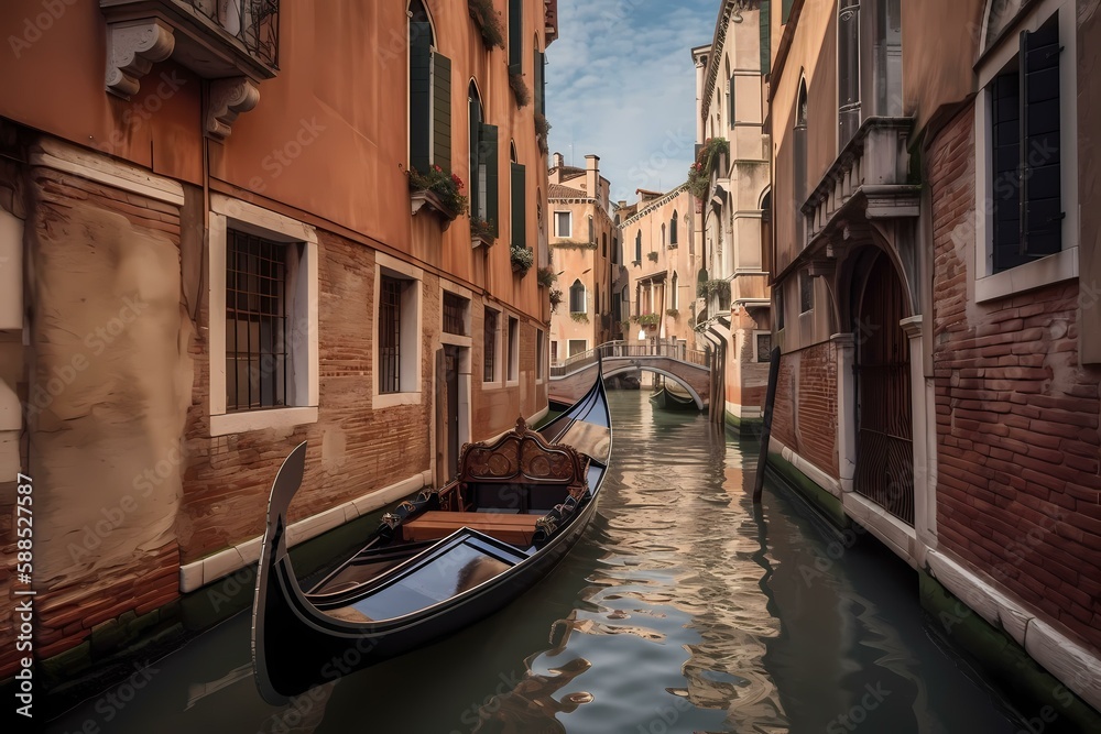 A boat in a canal between buildings Generative AI