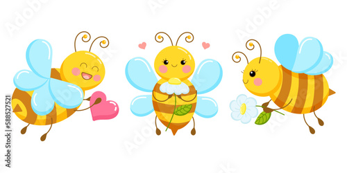 Set of illustrations of cute cartoon bees in love with daisies