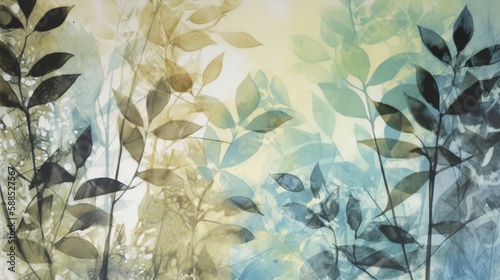 A soft background of leaves in digitally illustrated watercolor and ink style. Generative AI. 