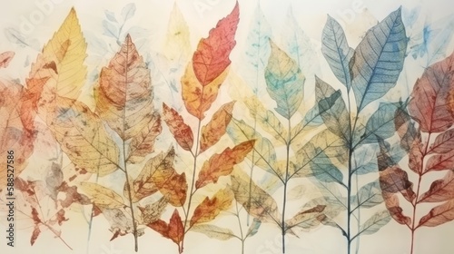 A soft background of leaves in digitally illustrated watercolor and ink style. Generative AI. 