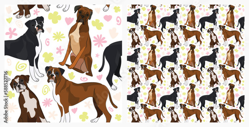 Spring pattern with spirals, leaf, flowers, boxer dogs. Pastel colors. Elegant, soft seamless background, abstract summer pattern with hand-drawn colorful shapes.Delicate, gender-neutral, child's room
