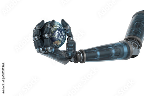 Illustration of cyborg hand holding planet