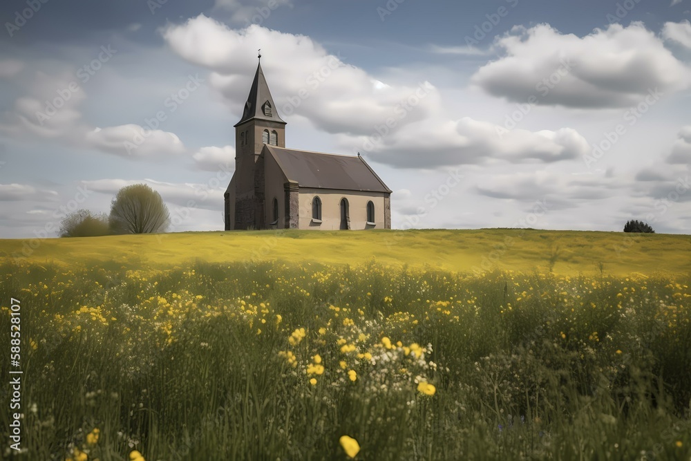 A church in a field of flowers Generative AI