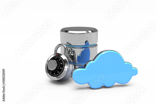 Database server icon with combination lock and blue cloud