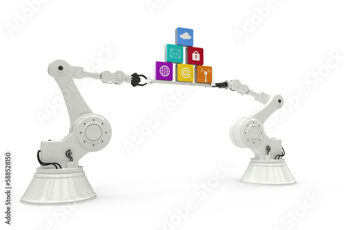 Digitally generated image of metallic robotic hands holding computer icons