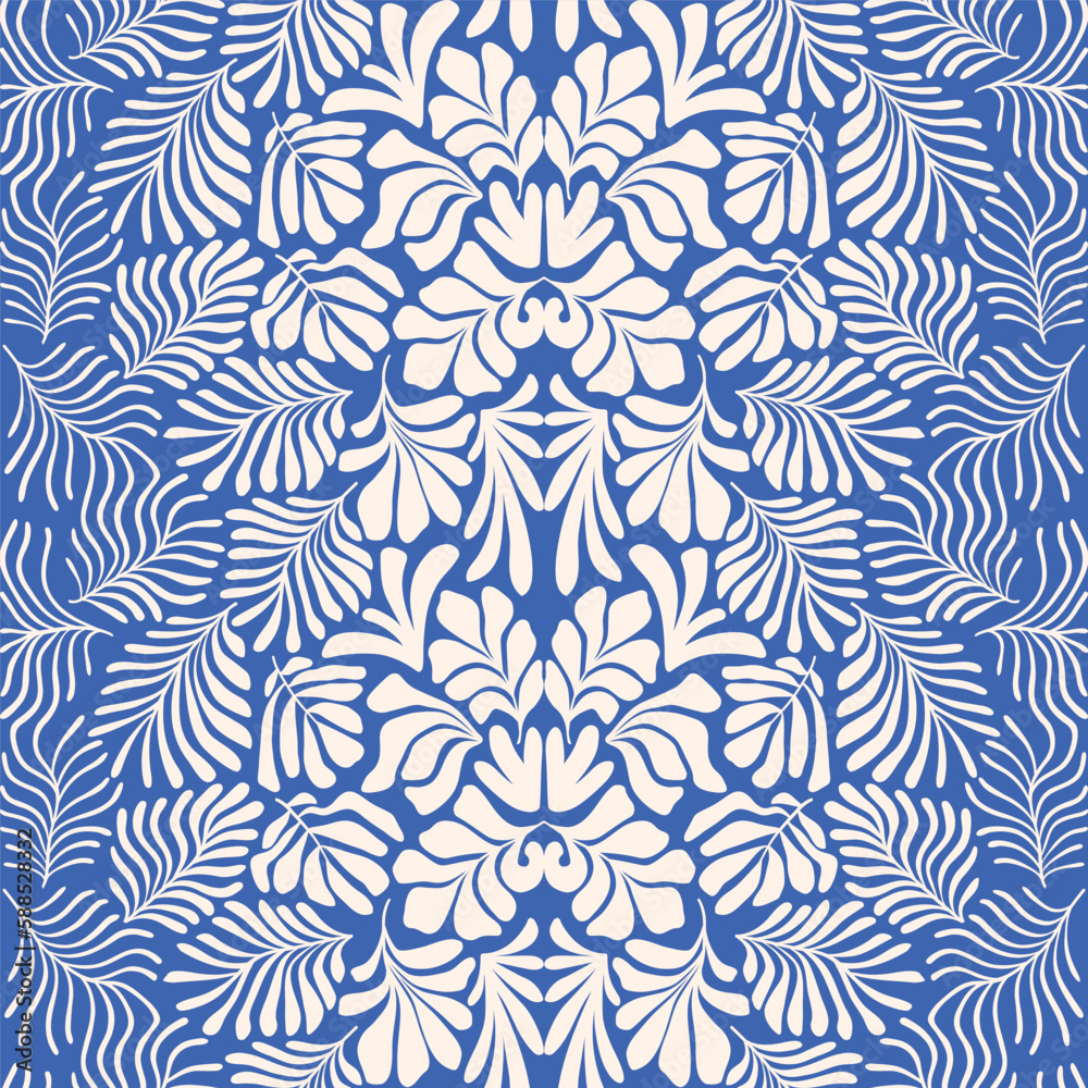 Blue white abstract background with tropical palm leaves in Matisse style. Vector seamless pattern with Scandinavian cut out elements.