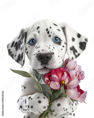 Dalmatian puppy dog holding a bouquet of pink flowers for Mothers day or birthday present.  Generative AI. © Pixel Cat