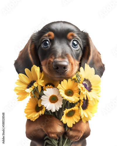 Cute dachshund puppy dog with a bouquet of yellow flowers for Mothers day or birthday present.  Generative AI. © Pixel Cat