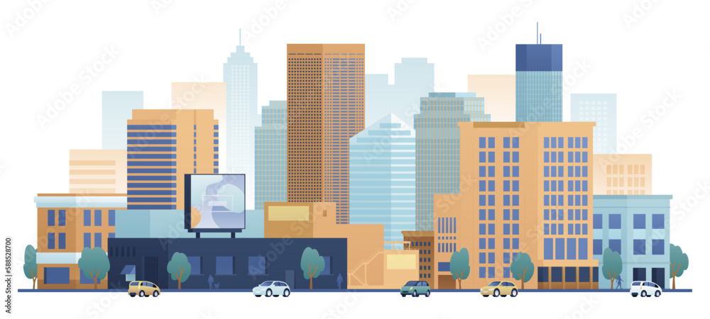 Flat vector illustration of downtown isolated on white background. Cartoon urban cityscape with store, real estate and skyscrapers. City landscape with street traffic and advertising billboard. Flat vector illustration of downtown isolated on white background. Cartoon urban cityscape with store, real estate and skyscrapers. City landscape with street traffic and advertising billboard.