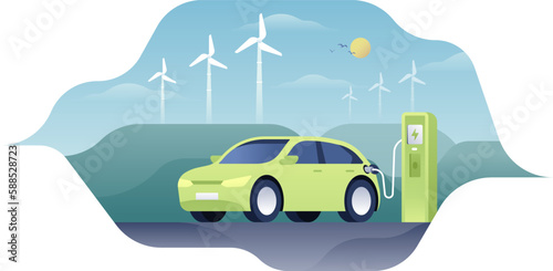 Electric car charging the battery at electric charging station. Innovative technologies flat illustration. Modern hybrid vehicle powered by alternative energy.