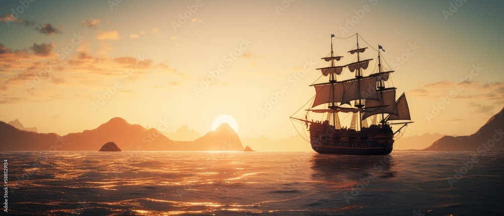 Pirate ship sailing on the open sea, with the wind in its sails and the sun setting in the background. Generative AI - obrazy, fototapety, plakaty 