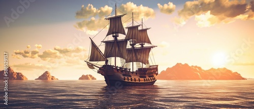 Pirate ship sailing on the open sea, with the wind in its sails and the sun setting in the background. Generative AI