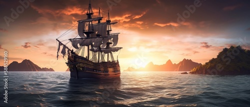 Pirate ship sailing on the open sea, with the wind in its sails and the sun setting in the background. Generative AI