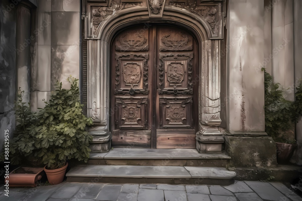 A wooden door with carvings on it Generative AI