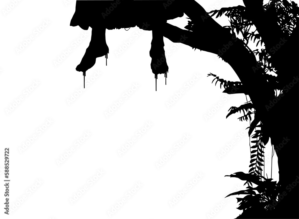 Hanging Bloody Woman Legs on the Tree. Dramatic, Creepy, Horror, Scary, Mystery, or Spooky Illustration. Illustration for Horror Movie or Halloween Poster Design Element. Vector Illustration