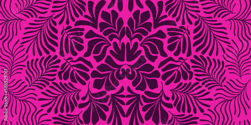 Purple pink abstract background with tropical palm leaves in Matisse style. Vector seamless pattern with Scandinavian cut out elements.