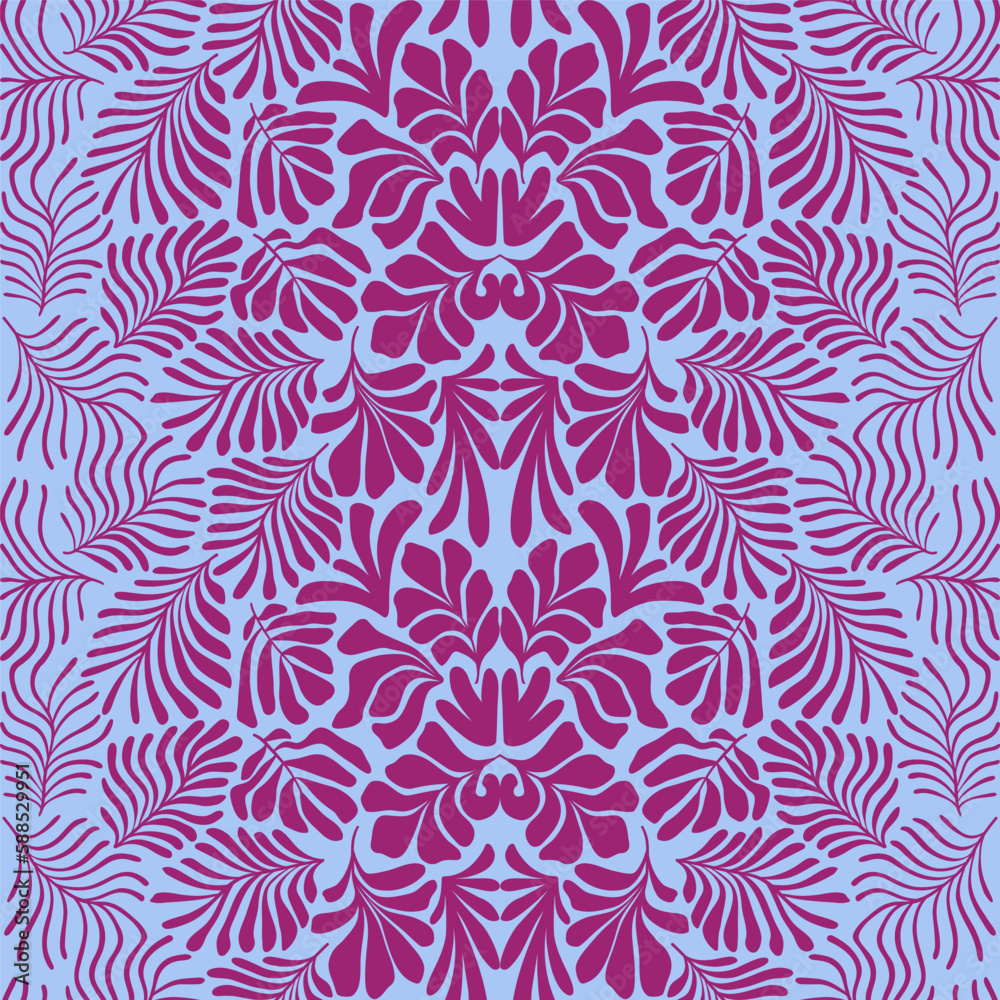 Purple blue abstract background with tropical palm leaves in Matisse style. Vector seamless pattern with Scandinavian cut out elements. Purple blue abstract background with tropical palm leaves in Matisse style. Vector seamless pattern with Scandinavian cut out elements.