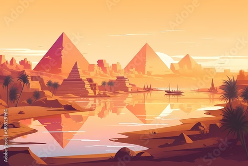 A group of people walking on a beach with pyramids in the background Generative AI