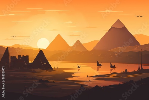 A group of pyramids in a desert with great pyramid of giza in the background Generative AI