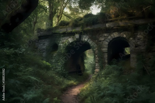 A stone bridge with arches and trees Generative AI