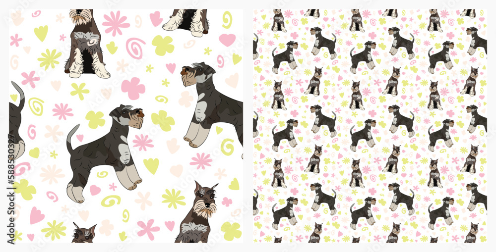 Fototapeta premium Spring pattern with spirals, leaf, flowers, Miniature Schnauzer dogs. Pastel colors. Elegant, soft seamless background, abstract summer pattern with hand-drawn colorful shapes. Delicate baby design.